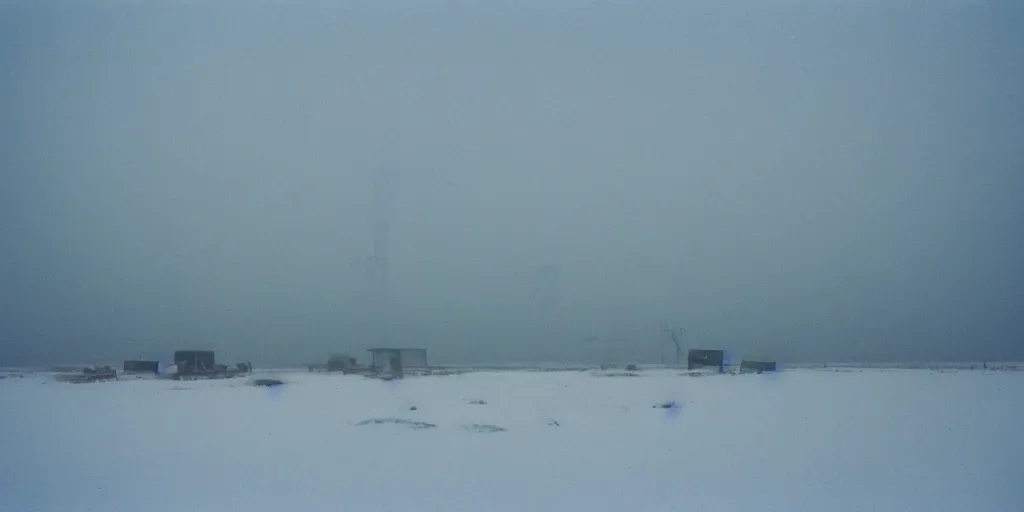 Image similar to photo of mongolian steppe during a snowstorm. three oil derricks in midground. cold color temperature. blue hour morning light, snow storm. hazy atmosphere. humidity haze. kodak ektachrome, greenish expired film, award winning, low contrast.