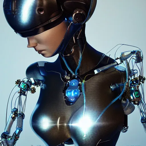 Image similar to a beautiful woman wearing robot suit with wires and light, highly detailed, photorealistic, artstation, smooth