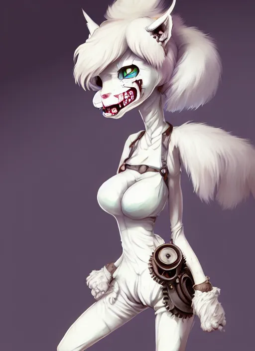 Prompt: wide angle beautiful full body portrait of a strong female damaged zombie anthropomorphic anthro white lynx fursona wearing a steampunk dress toothsome open mouth. character design by disney, anime, manga, charlie bowater, ross tran, artgerm, and makoto shinkai, detailed, soft lighting, rendered in octane