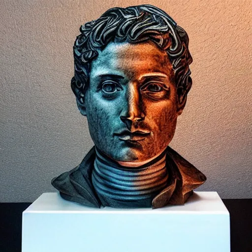 Prompt: 3 d renaissance statue head mixed with neon art, highly detailed