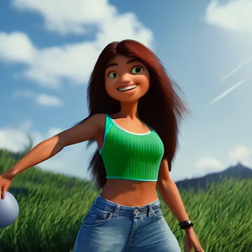 Image similar to young beautiful athletic Filipino woman with long hair posing, depicted as a Pixar character, high quality cg render, 4k