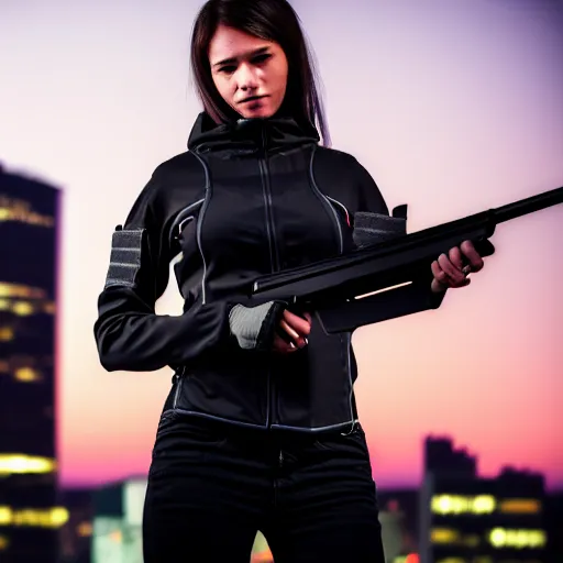 Image similar to photographic portrait of a techwear woman holding a shotgun, closeup, on the rooftop of a futuristic city at night, sigma 85mm f/1.4, 4k, depth of field, high resolution, 4k, 8k, hd, full color