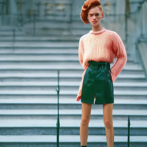 Image similar to realistic! photoshoot for a new balenciaga lookbook, color film photography, portrait of a beautiful woman, photo in style of wes anderson, 35mm