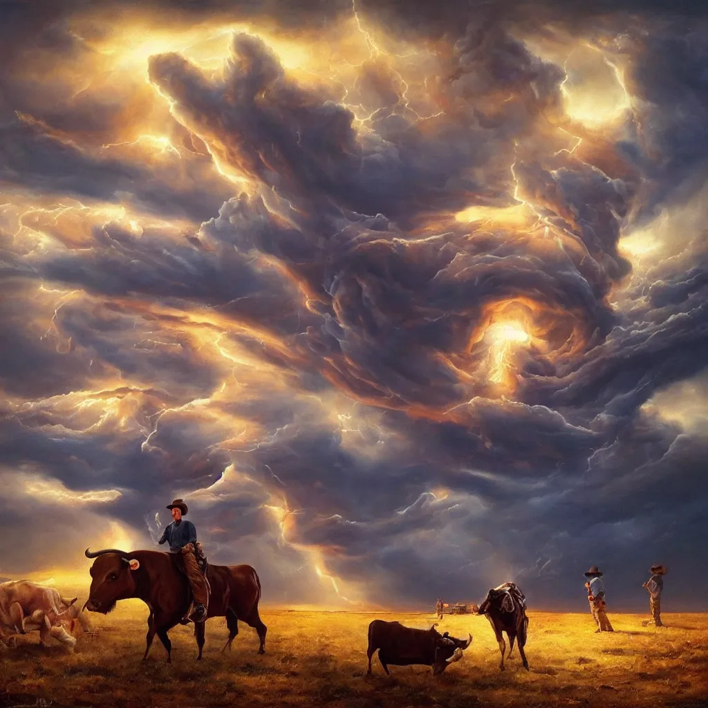 Prompt: Mark Magiori oil painting of a cowboy watching a bull get abducted by aliens, supercell cloud, extremely beautiful, amazing painting, HD, 8K, very detailed, photorealistic, hyperrealism