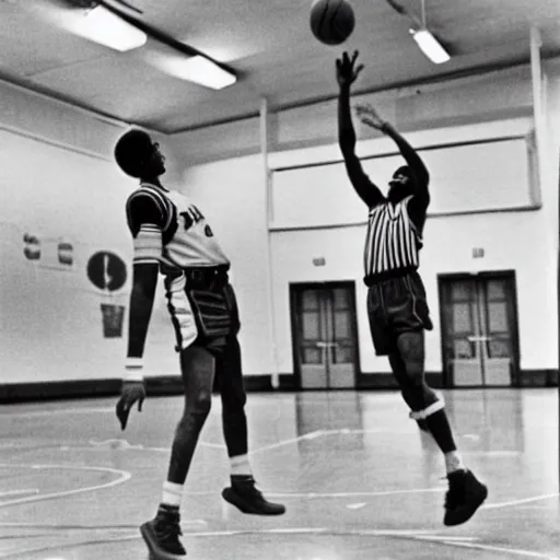 Prompt: photograph of two man playing basketball in Harlem high school, circa 1975