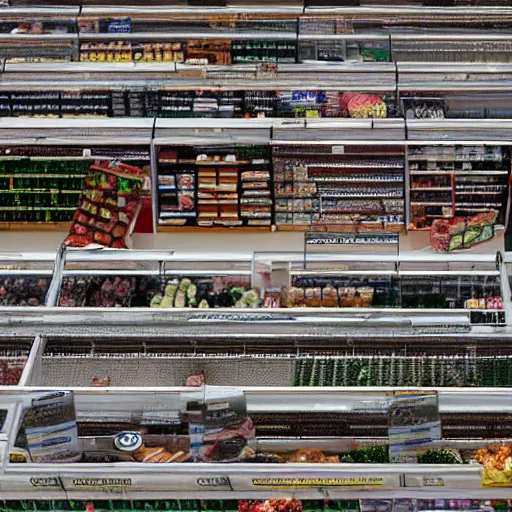 Image similar to top down picture of a supermarket after a zombie attack, top down perspecrive