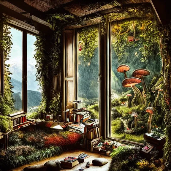 Image similar to fantastical living room with switzerland landscape in the window, beautiful dramatic lighting, overgrown with funghi, style by peter deligdisch, peterdraws