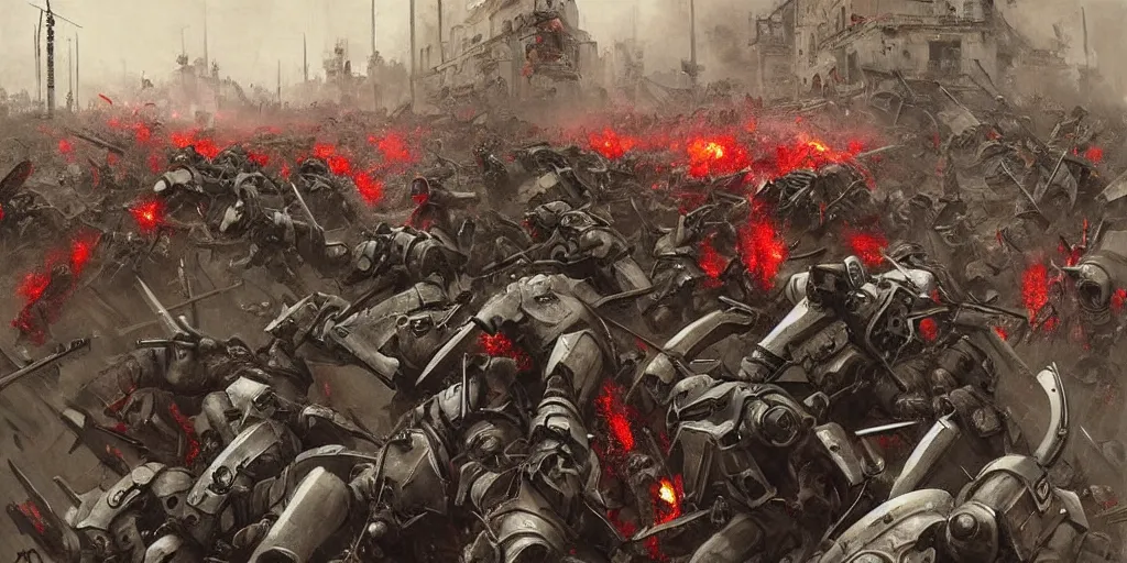 Image similar to demonic samurai robot slaughtering french soldiers and civilians in the interbellum paris, very detailed painting, concept art, intense heavy street battle, pile of bodies, a lot of blood on the streets, art by jakub rozalski