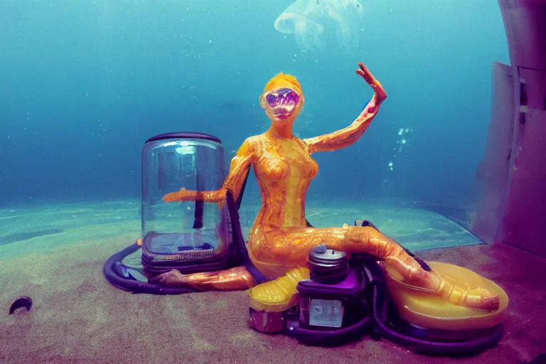 Image similar to high-angle view of a Ukrainian lush female jellyfish human hybrid wearing vacuum tube amp roman armor and transparent amber neck guard with transparent digital number readout floating in front of face, sitting inside of an underwater furnished airport terminal, large submersible vessel in the horizon silt rising from the seabed carpet floor, soviet computer console in seabed, ektachrome color photograph, volumetric lighting, off-camera flash, 24mm f8 aperture