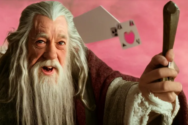 Image similar to portrait of Gandalf wearing pink Hello kitty costume, laughing maniacally, looking at a playing card in his hand, sunrise, movie still from Lord of the Rings, cinematic