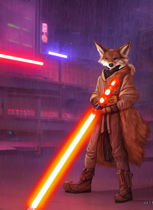 Image similar to character portrait of a anthro coyote fursona wearing jedi robes wielding an orange lightsaber in a cyberpunk city at night while it rains. hidari, color page, tankoban, 4K, tone mapping, Akihiko Yoshida.