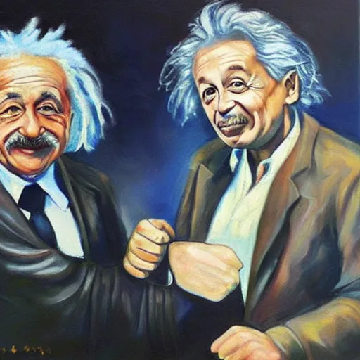 Prompt: Albert Einstein and Elon Musk fistfighting, oil painting