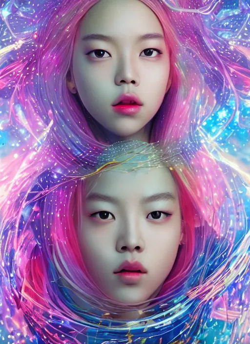 Prompt: Pearlescent Lalisa Manobal from Black Pink Kpop Queen Goddess floating in a multiversal rgb universe depicted by James Jean, rule of thirds, coherent symmetry, seductive look, highly detailed features, celestial, royal navy and gold emotions, majestic, interstellar vortex through time, award winning, super nova octopus, octane render, massive scale, interstellar, high-quality, close-up, 3d blender, James Jean style