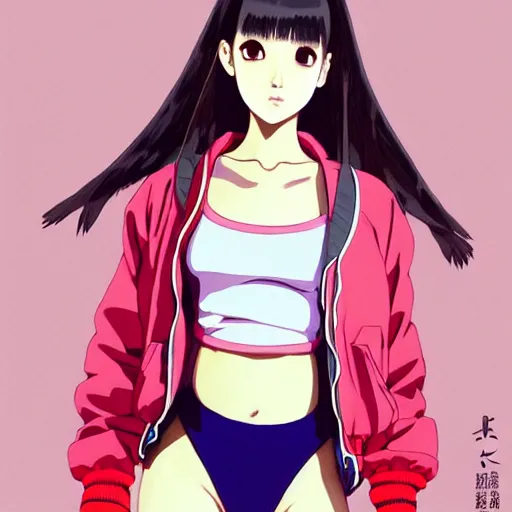 Image similar to a beautiful japanese natalie portman gravure model, wearing oversized native designer bomber jacket and leotard with overalls, bulky poofy bomber jacket with mesoamerican patterns, mesoamerican native street fashion, gapmoe yandere grimdark, trending on pixiv fanbox, painted by greg rutkowski makoto shinkai takashi takeuchi studio ghibli, akihiko yoshida