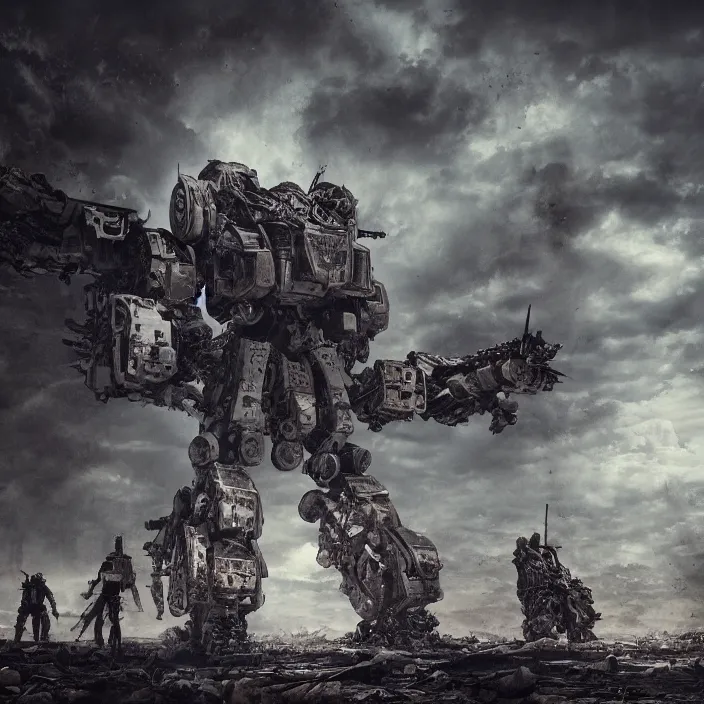 Image similar to gritty apocalyptic scene of human standing next to mech - warrior, hyper - detailed, sharp focus, 4 k ultra hd, fantasy dark art, apocalyptic art