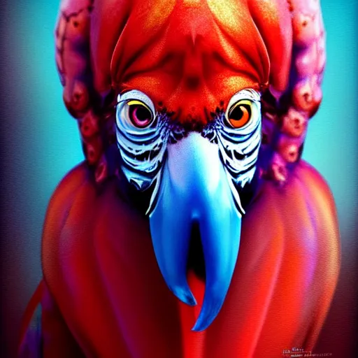 Image similar to macaw octopus hybrid, hyperrealistic portrait, fantasy art, photo realistic, dynamic lighting, artstation, poster, volumetric lighting, very detailed face, intricate complexity, rule of thirds, 8 k, award winning