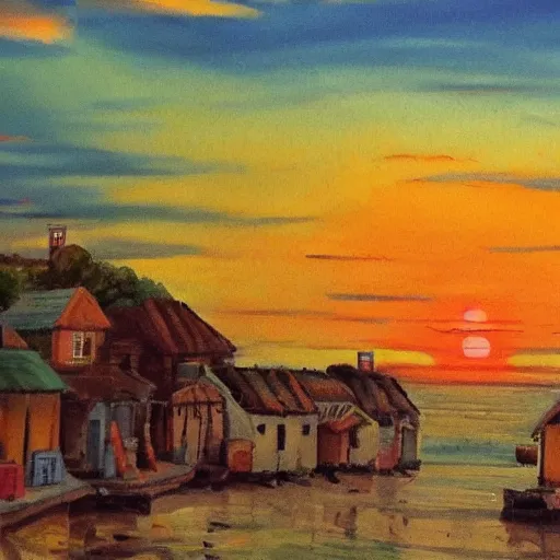 Prompt: sunset on a village by the sea, colorful, trending on artstation