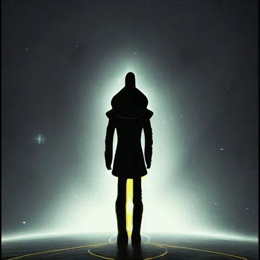 Prompt: award - winning. trending on artstation. 4 k. eerie tone. a figure wearing a layered yellow coat standing in front of a black hole in space. dark background. in the style of cedric peyravernay. full - body. medieval. 4 k.