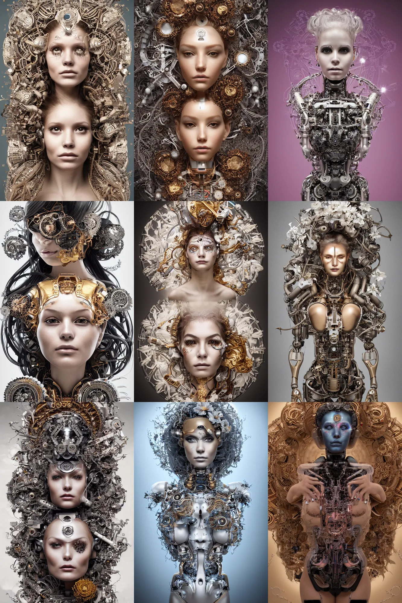 Prompt: a beautiful intricate fine art portrait photo of a cyborg with bionic implants, epic wavy hair spread out around her lined with white hibiscus, lying on a mandala, by natalie shau and michal karcz, masterpiece!, futuristic robot body, top view, studio lighting, golden ratio composition, 3 5 mm lens, deep depth of field, artstation, 8 k