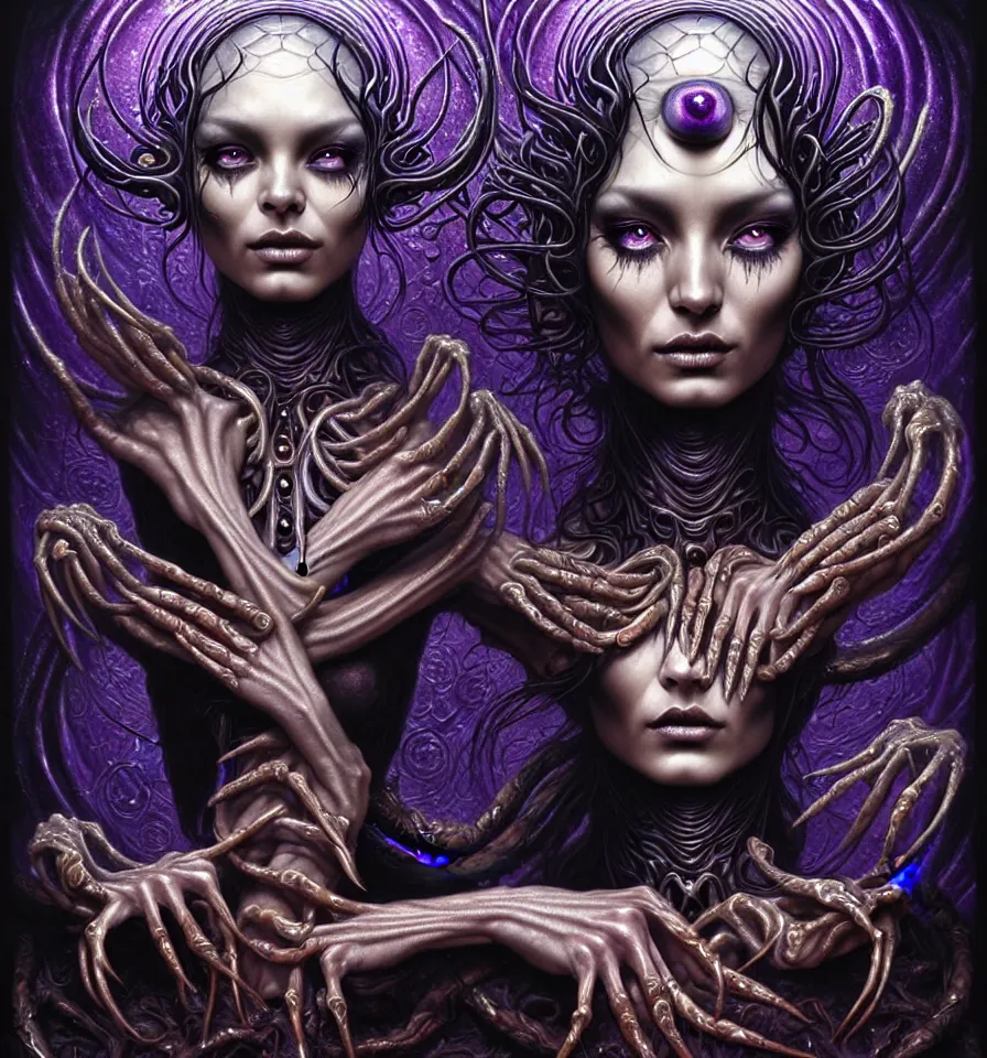 Image similar to A beautiful detailed alien goddess woman with 6 arms super dark tarot card, gorgeous model face by Stanley Artgerm, by tomasz alen kopera and Justin Gerard, 4 eyes, beautiful symmetrical features, ominous, magical realism, melting, texture, intricate, ornate, royally decorated, melting, whirling smoke, embers, purple adornments, blue torn fabric, radiant colors, fantasy, trending on artstation, volumetric lighting, micro details, 3d sculpture, ray tracing, 8k, anaglyph effect