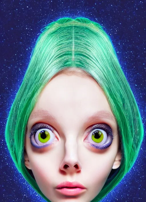 Prompt: nervous alien girl with two big cute eyes, the head is tightly wrapped in plastic wrap with a market label on it. high detail, realistic, symmetrical face, photoreal