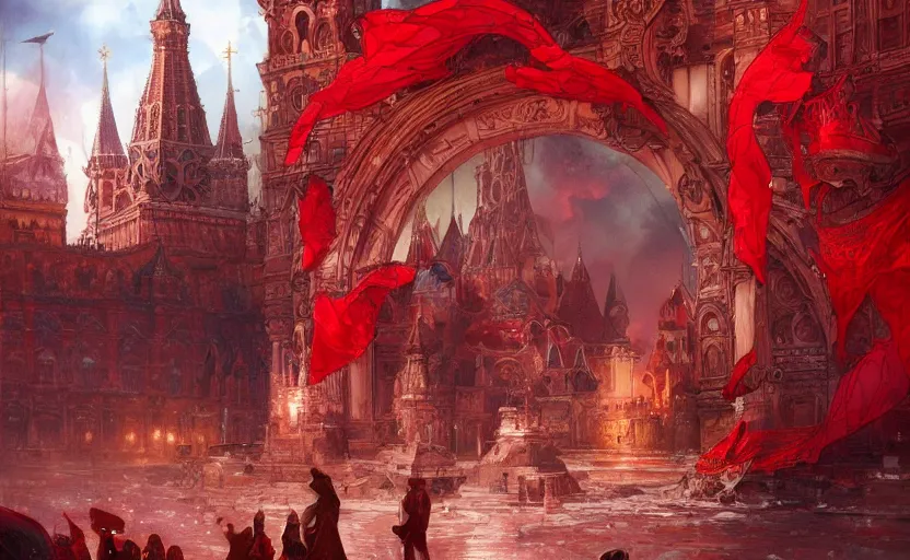 Image similar to Putin in Red Square full of blood, fantasy, intricate, highly detailed, digital painting, artstation, concept art, smooth, sharp focus, illustration, art by artgerm and greg rutkowski and alphonse mucha