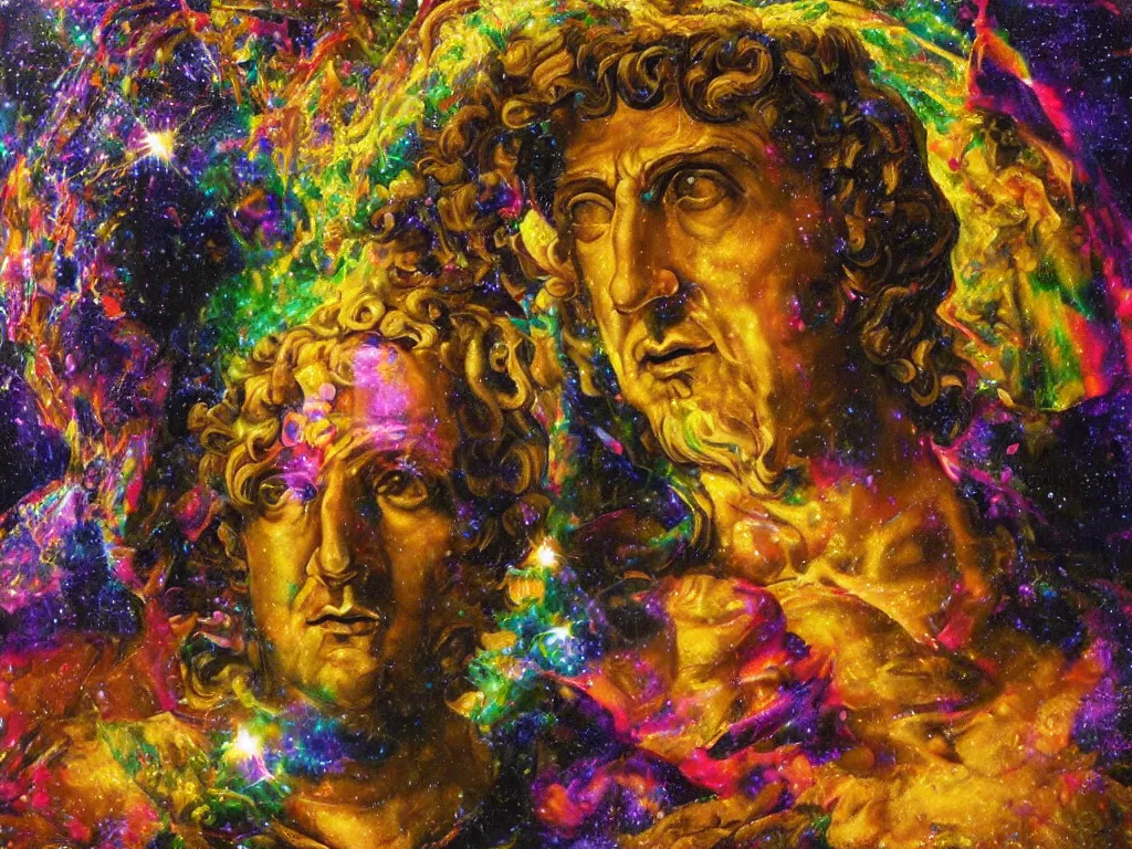 Prompt: hyperrealistic still life painting of a 3d greek statue of a roman emperor in deep space, wrapped in fabric and gently smiling, surrounded by refracting rainbow prisms in a tesseract, botanical print, surrealism, vivid colors, serene, golden ratio, sacred geometry, abstract impasto brushtrokes, by Caravaggio