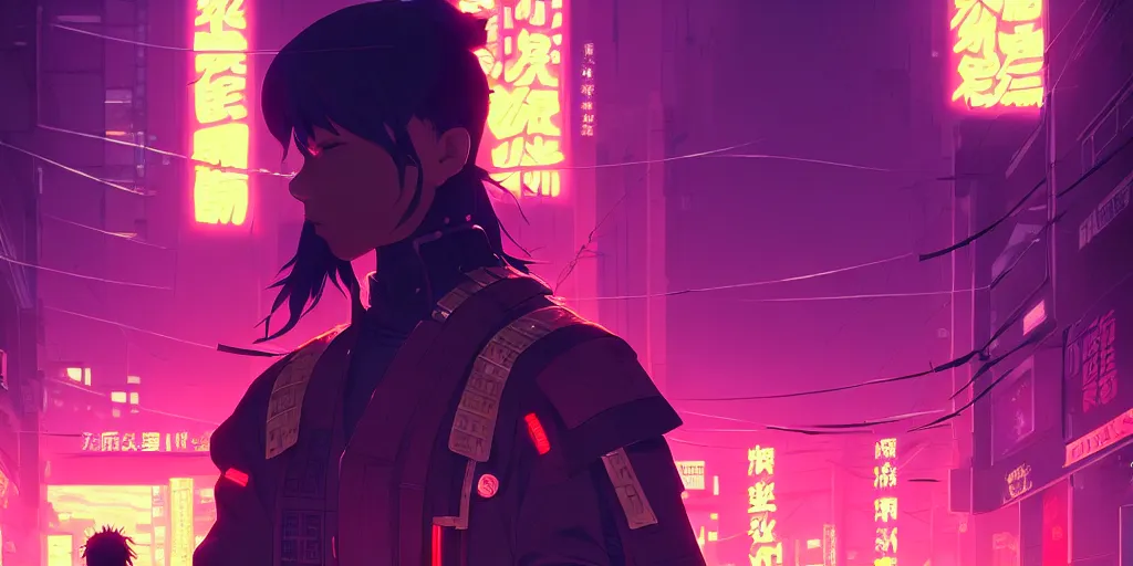 Image similar to digital illustration closeup of cyberpunk samurai in city street at night by makoto shinkai, ilya kuvshinov, lois van baarle, rossdraws, basquiat | afrofuturism, in the style of hearthstone, trending on artstation | cool color scheme