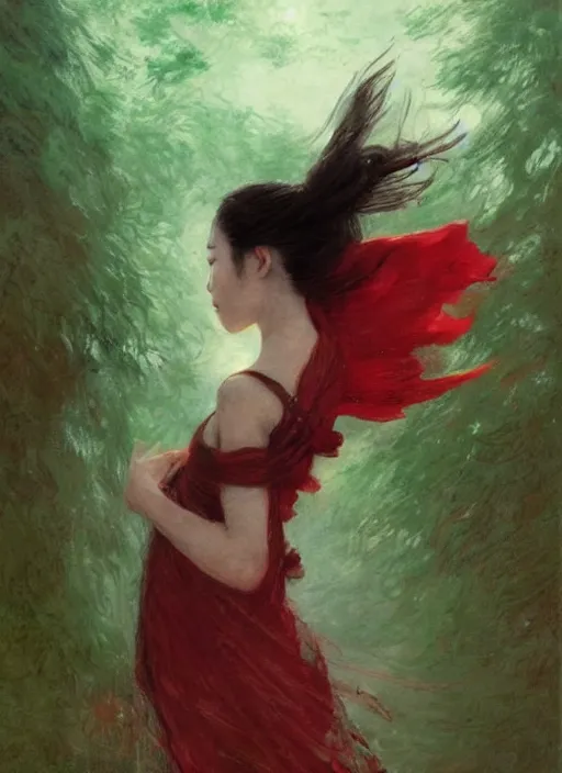 Image similar to a gorgeous prima ballerina japanese art with a red scarf, medium long brown hair, green eyes, is looking at a bird, ethereal, horror, fantasy art by greg rutkowski and magali villeneuve and claude monet