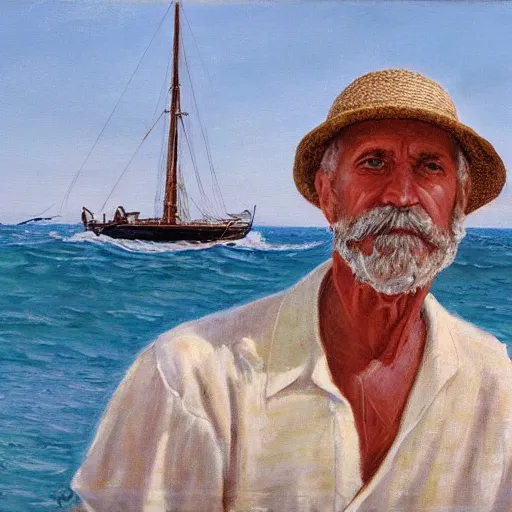 Prompt: old, skinny man with short gray beard, in straw hat, white shirt, swimming through ocean in medium fishing boat with small mast, from a distance, morning, scene from 1 9 5 2, oil painting, realism