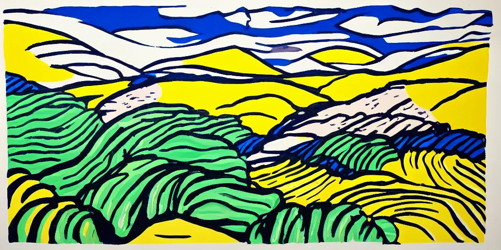 Prompt: landscape illustration in the style of roy lichtenstein