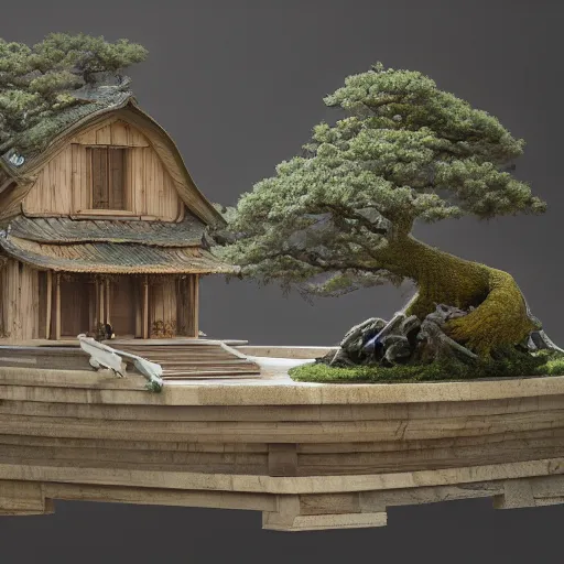 Prompt: stunningly beautiful sculpture of heavenly bonsai house made of marble and intricate wood carving by ellen jewett, deep colour, fireflies everywhere, octane render 4 k