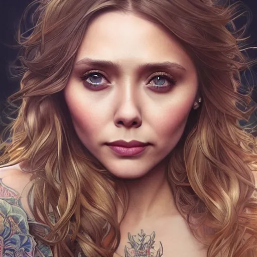 Image similar to ultra realistic illustration, a hot and beautiful tattooed blonde elizabeth olsen, intricate, elegant, highly detailed, digital painting, artstation, concept art, smooth, sharp focus, illustration, art by artgerm and greg rutkowski and alphonse mucha