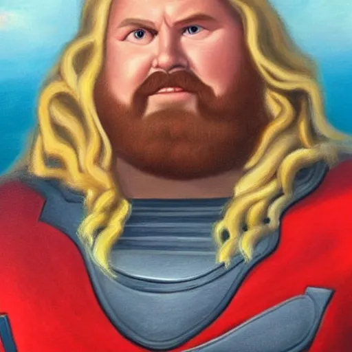 Image similar to Fernando Botero painting of Thor from MCU, high definition art, extremely detailed