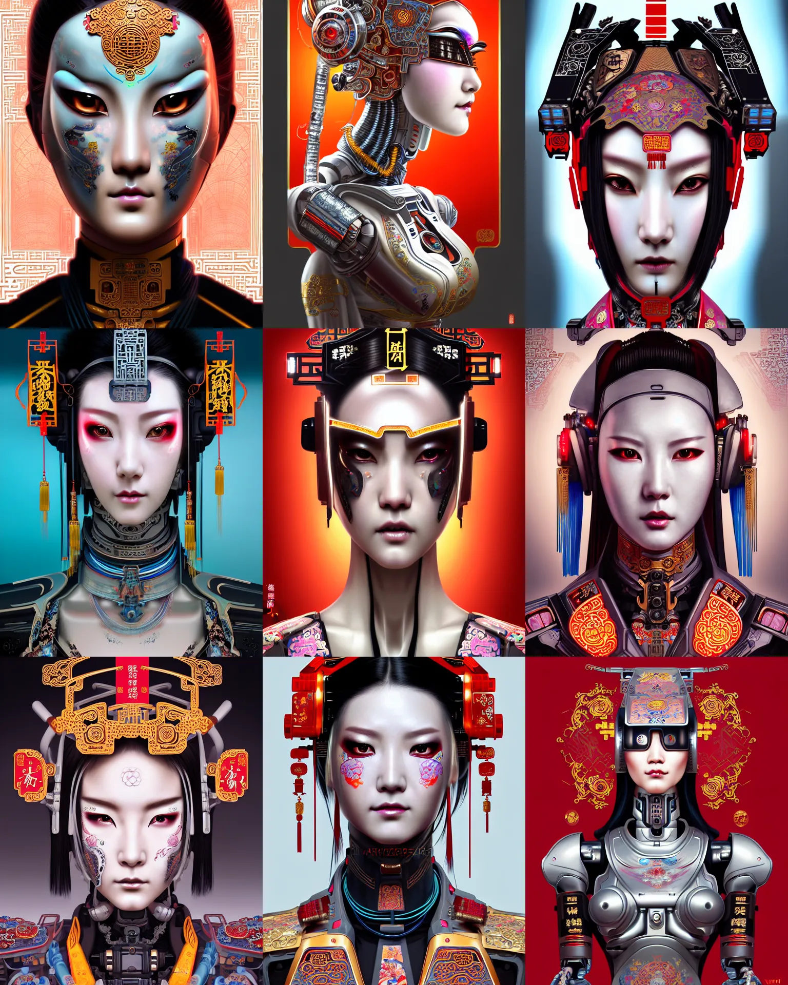 Prompt: upper half portrait of a cyberpunk female robot with machine head and face gear, decorated with chinese opera motifs, royal, fine china, wuxia, traditional chinese art intricate intense elegant highly detailed digital painting artstation concept art smooth sharp focus illustration, art by mike nash and artgerm and alphonse mucha and vania zouravliov, 8 k