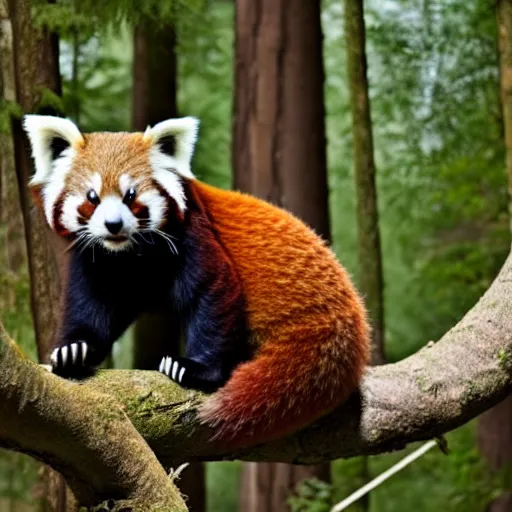 Prompt: photo of humanised red panda armored with golden helmet in the forest