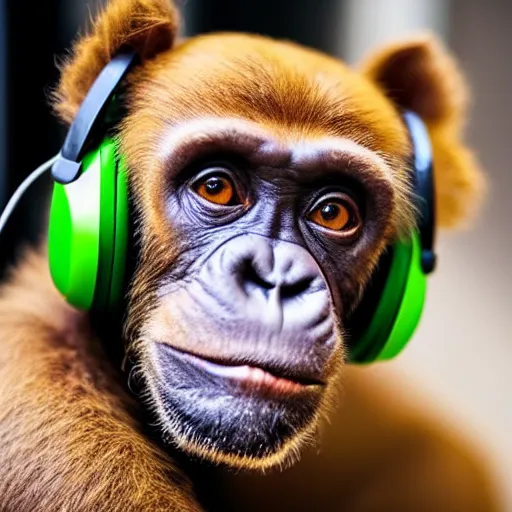 Prompt: a photo of a green chimp wearing headphones