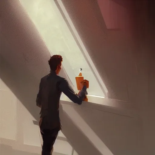 Prompt: concept art by greg rutkowski, very tall and slim young man, standing drinking a coffee looking out a large rectangular window inside a futuristic office, reddish exterior lighting, scifi, highly detailed portrait, digital painting, artstation, concept art, smooth, sharp foccus ilustration, artstation hq