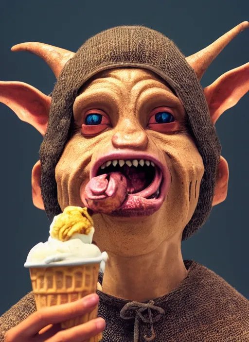 Prompt: closeup portrait of a medieval goblin eating icecream, depth of field, zeiss lens, detailed, symmetrical, centered, fashion photoshoot, by Annie Leibovitz and Steve McCurry, David Lazar, Jimmy Nelsson, Breathtaking, 8k resolution, extremely detailed, beautiful, establishing shot, artistic, hyperrealistic, beautiful face, octane render