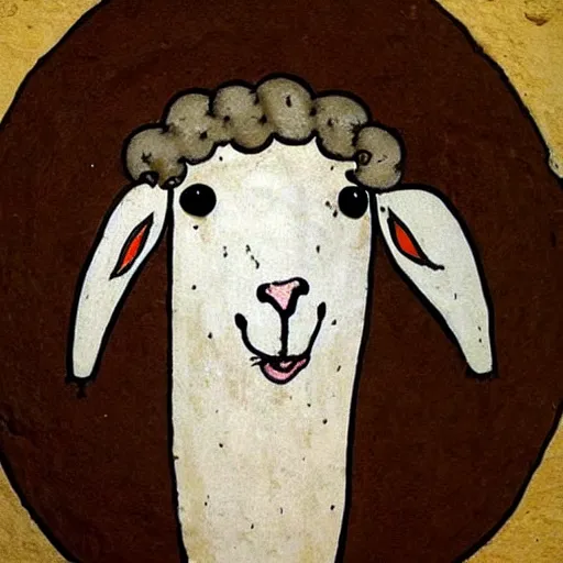 Image similar to a funny medieval wall painting of an emo sheep with a bang hairstyle, highly detailed, trending on artstation