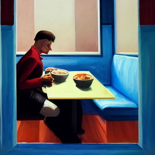 Image similar to a portrait of a vampire with a paper bag over his head, sitting in an 80s diner, painting in style of Edward Hopper, moody lighting, 4K,