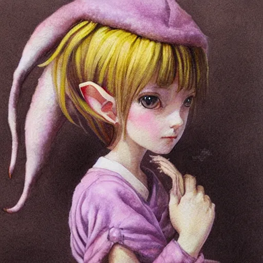 Prompt: little elf girl, tunic, soft hair. light color palate, purple, yellow and white. detailed soft painting, ayami kojima, made in abyss, anatomically correct, inspired in balthus, high detailed face anime, vogue magazine, realistic painting