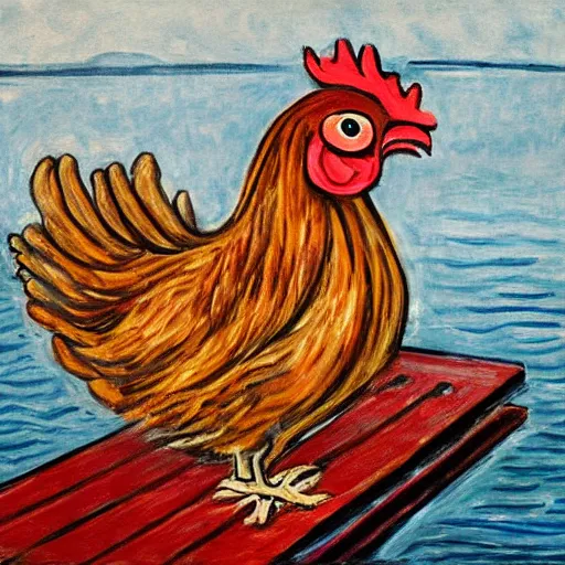 Image similar to painting of a chicken made of chicken wings on a raft, realistic, stylized, artstation, edward munch