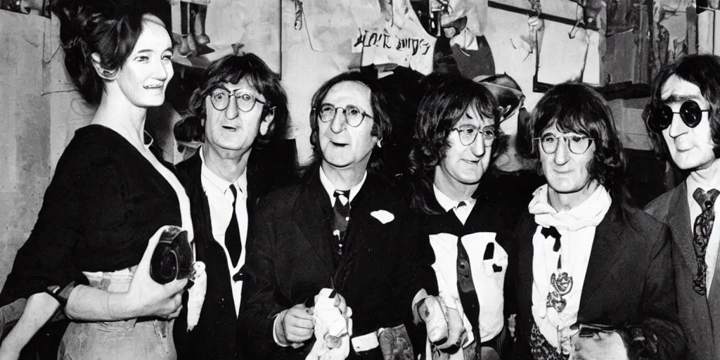 Prompt: Olive Oyl with isacc newton and john lennon at a wake