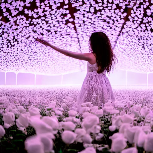 Image similar to a woman dressed in white, standing in an infinite field of white roses, petals in the breeze, fireflies glowing, vivid lighting, professional photography, distance shot, afternoon lighting