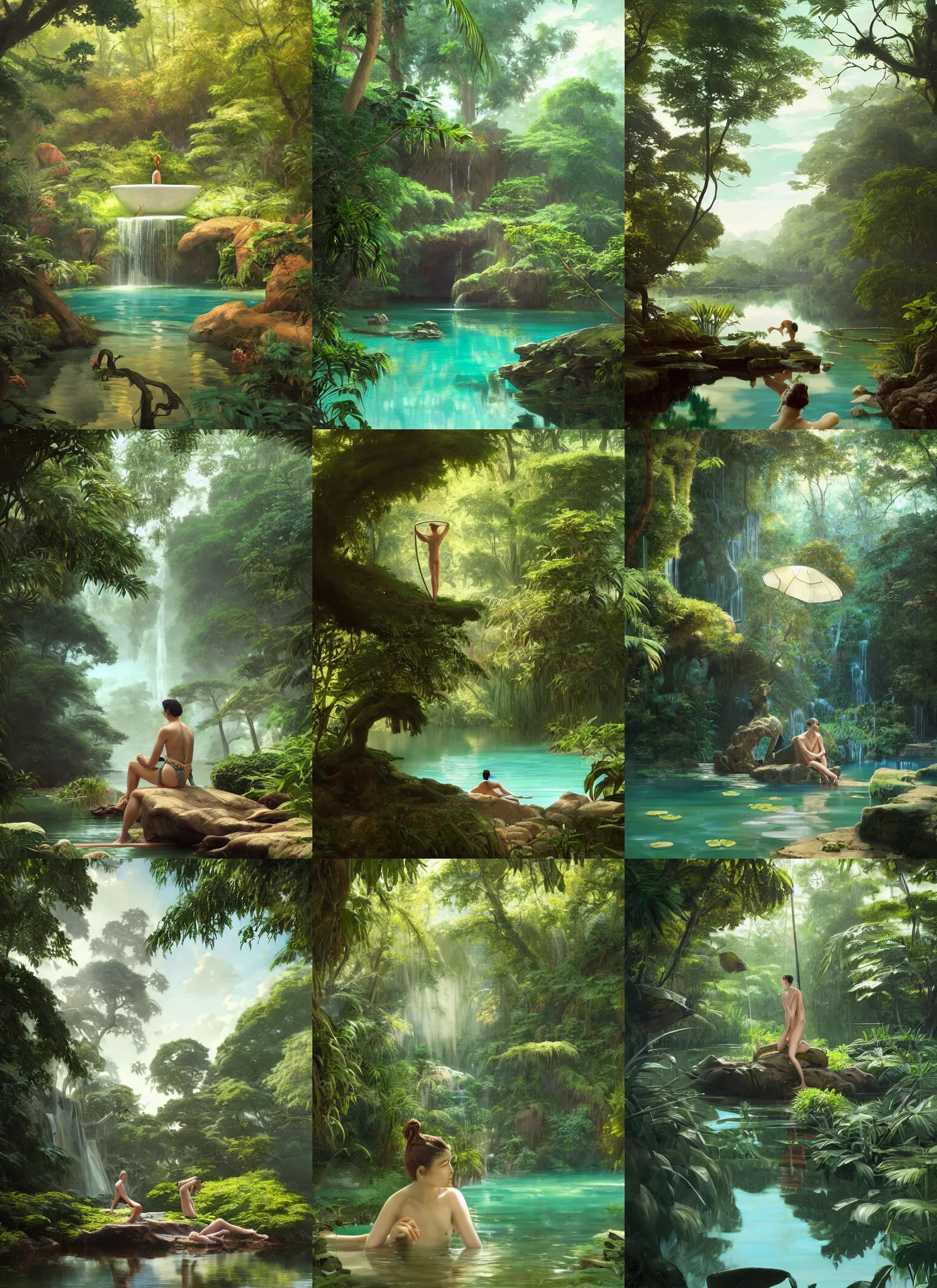 Prompt: a secluded pool in a verdant wetland, surreal marble statue, extremely detailed oil painting, unreal 5 render, rhads, sargent and leyendecker, savrasov levitan polenov, bruce pennington, studio ghibli, tim hildebrandt, digital art, landscape painting, octane render, beautiful composition, trending on artstation, award winning photograph, masterpiece