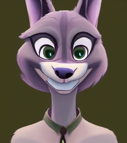 Image similar to bust of anthromorphic female wolf, in style of zootopia, zootopia, zootopia, fursona, furry, furaffinity, 4 k, deviantart, furry art, fursona art, wearing black business suit, business suit, in style of zootopia, wolf fursona, cyberpunk, female, expressive detailed feminine face,