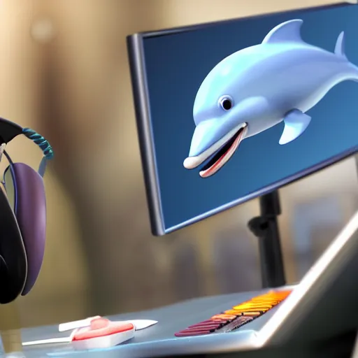 Image similar to An anthropomorphic grey dolphin dressed as a chemist playing games on a computer, digital painting, close-up, wearing a headset