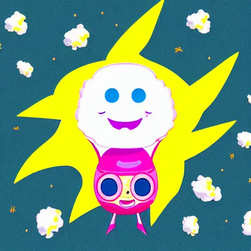 Image similar to kawaii wacky fluffy popcorn with lightning bolt power, yokai, in the style of a mamashiba, with a yellow beak, with a toroidal energy field, with a smiling face and flames for hair, sitting on a lotus flower, white background, simple, clean composition, symmetrical, suitable for use as a logo