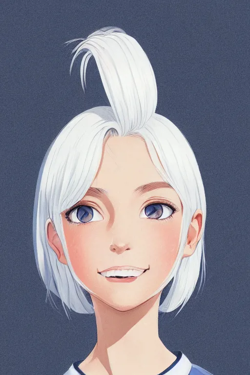 Prompt: a headshot of a very happy cute girl with shoulder - length white hair wearing school uniform, sharp focus, illustration, morandi color scheme, art station, high detailed, by ilya kuvshinov